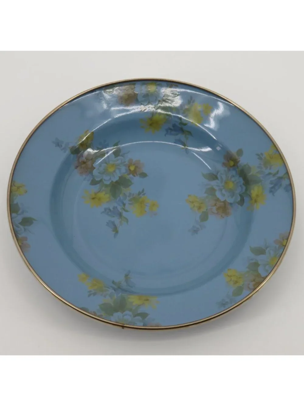Mackenzie Childs Camp Blue Floral 9in Bowl Enamel Metal Trim Victoria Richard